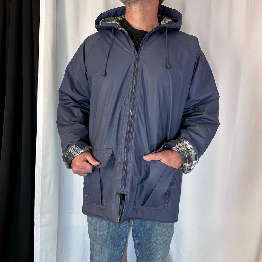 Harbor Master Rain Slicker Lg Navy Blue Nautical Coastal Fisherman Flannel Lined